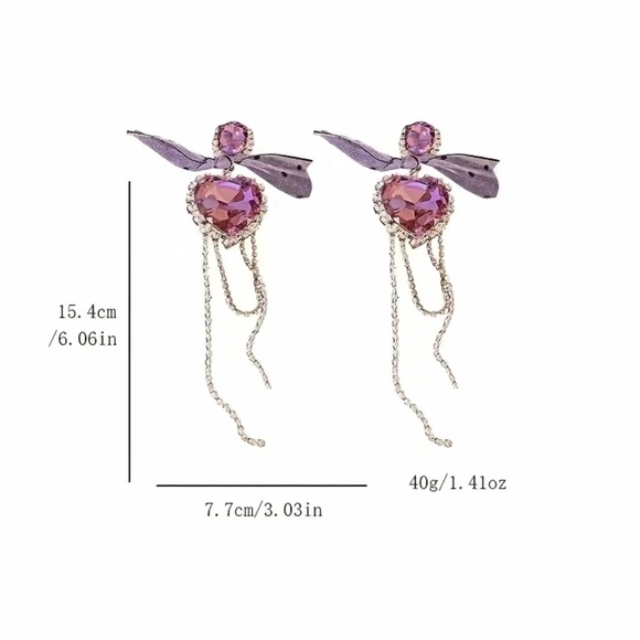 NWT Coquette Heart Shaped Crystal and Bowknot Tassel Drop Earrings in Purple. - Picture 5 of 5